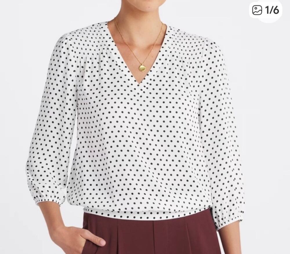 Les Serein Tegan 3/4 Sleeve Blouse Womens M White Black Polka Dot V-Neck NWT